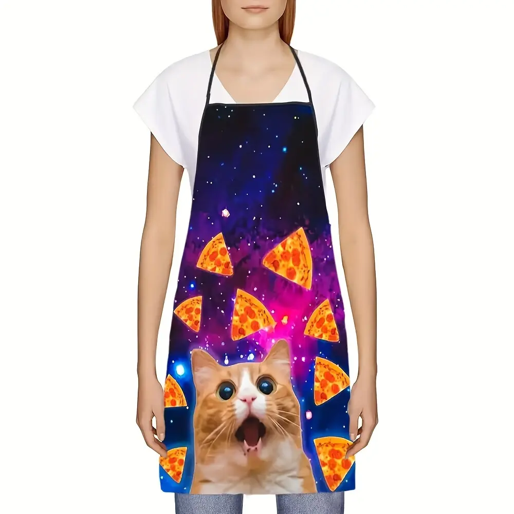 1pc Kitchen Apron, Cute Orange Cat Pizza Pattern Cooking Apron with Starry Sky Color Background, Simple Style Apron, Fashionable Housework Kitchen Home Work Clothes, Kitchen Supplies