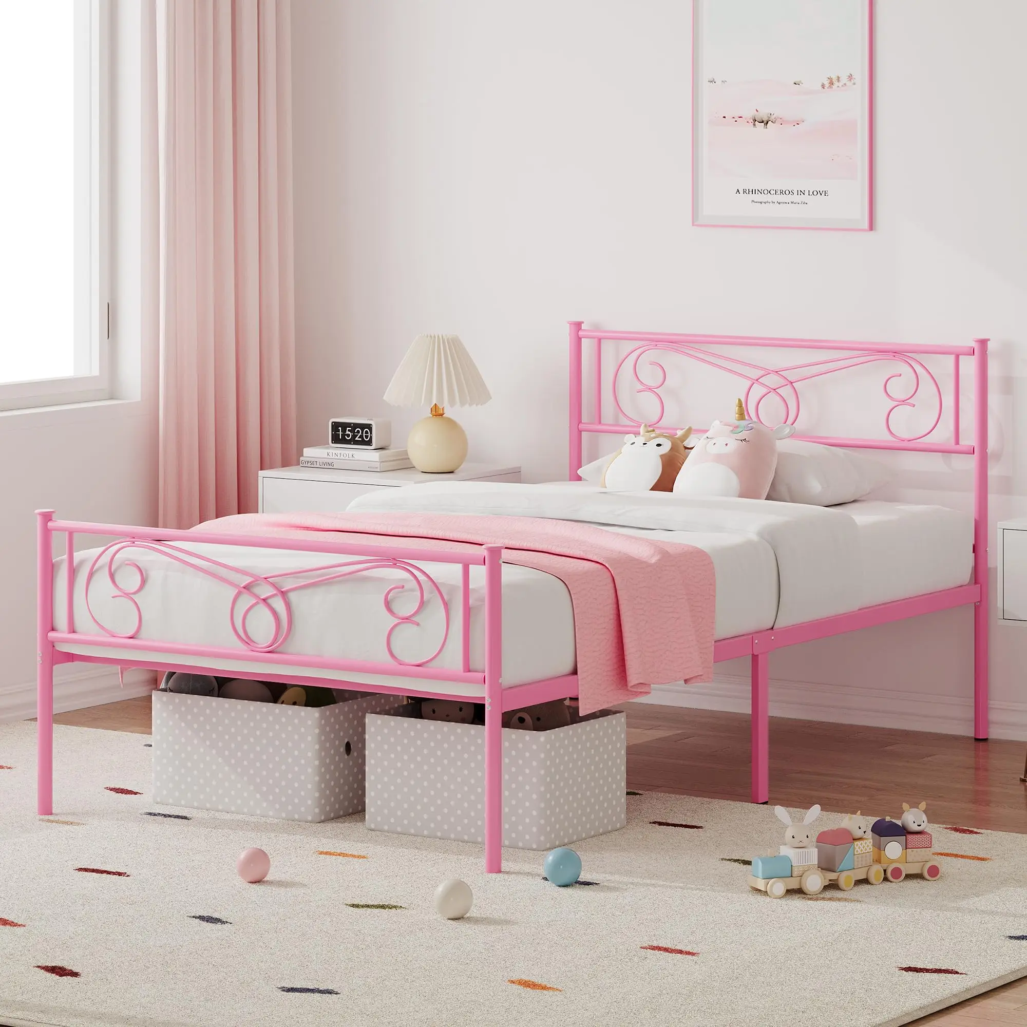 GARVEE GARVEE Pink Twin Bed Frame with Headboard and Footboard for Girls, Twin Size Bed Metal Platform with Steel Slat Support, Mattress Foundation with Storage, No Box Spring Needed, Easy Assembly