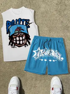 Two-Piece Set Men's Cartoon Face Print Tank Top & Star Print Shorts Set, Regular Fit Casual Sleeveless Round Neck Top & Shorts, Men's Summer Clothes