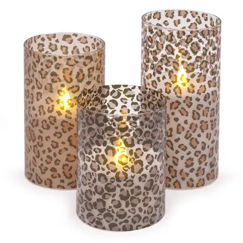 Wild Leopard Animal Print Flameless LED Glass Pillar Candles, Set of 3, 6-Inch Decorative LED Candle, Battery Operated Home Décor, Safari Style Accent Lighting