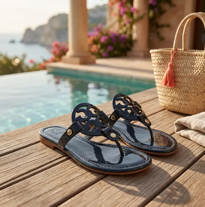 Women's Fashion Flat Flip Flop Sandals, Patent Leather Open Toe Slip On Summer Thong Sandals
