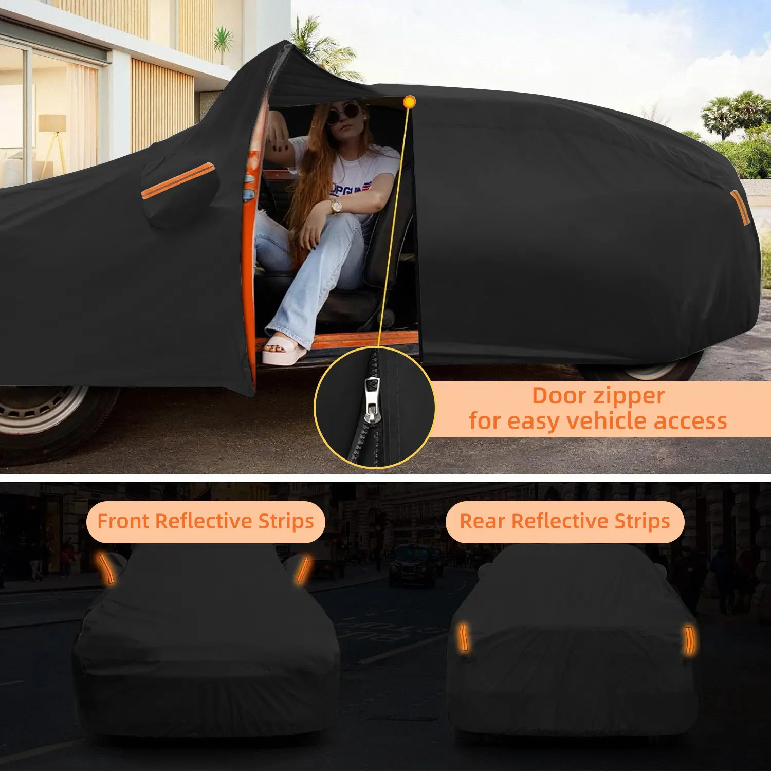 Full Body Car Cover with Zipper Door,Waterproof,Dustproof,UV Protection,Scratch Resistance,Durable,Reflective Strips,for Outdoor and Garage Parking,All-Weather Use