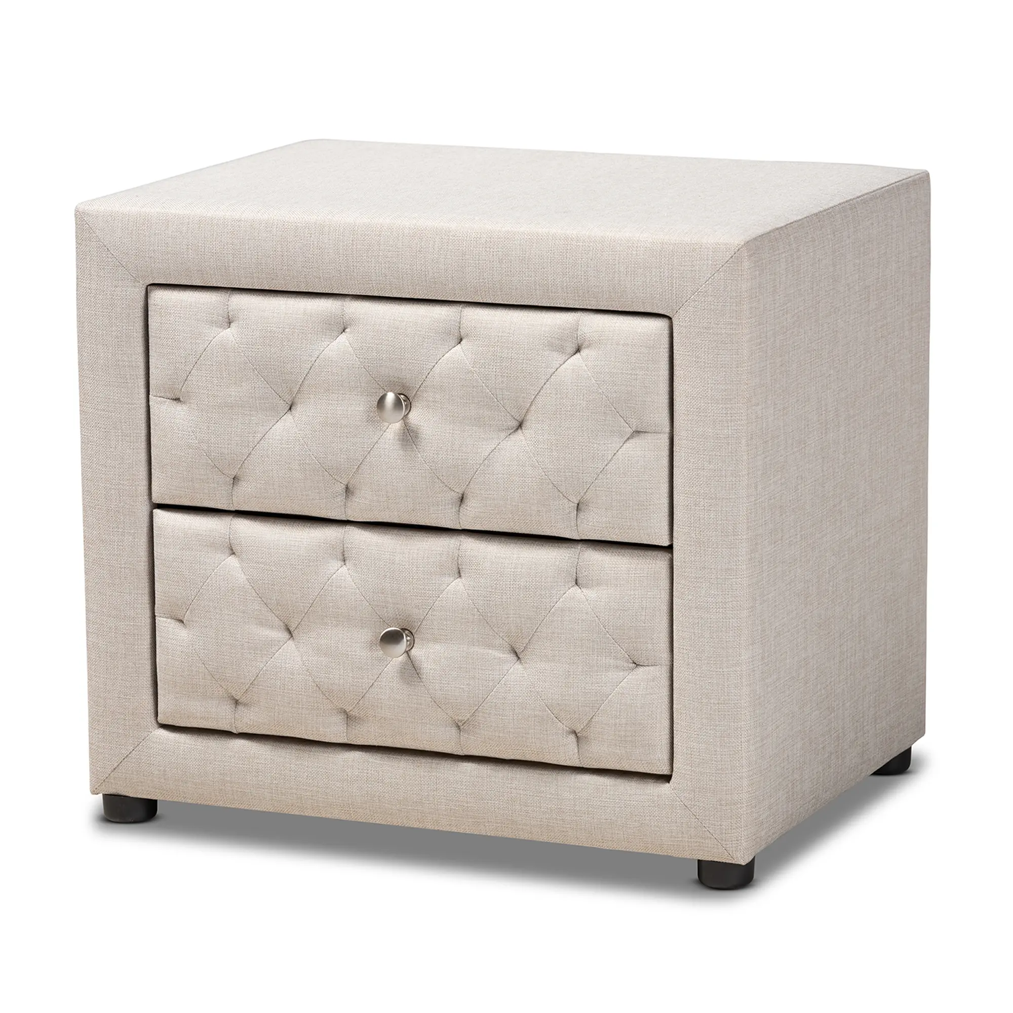 Baxton Studio Lepine Contemporary Light Beige Bedside Cabinet - 22.4" Wide, 17.1" Deep, 19.9" High Single Rectangle Bedroom Nightstand Table with Tufted Drawers, Polyester & Foam Construction, Assembly Required