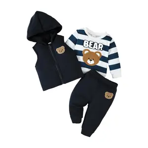 Sprifallbaby Toddler Baby Boy 3-Piece Fall Winter Cute Clothes Set - Animal Embroidery Sweatshirt, Fleece-Lined Jogger Pants, Hoodie Vest Coat