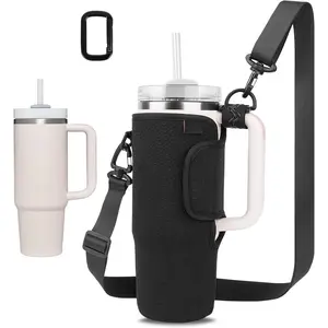 Water Bottle Carrier for  Quencher 30oz Tumbler Cup Water Bottle Holder with Strap Neoprene Protective Tumbler Carrying Bag for Hiking Fitness Travelling - Black