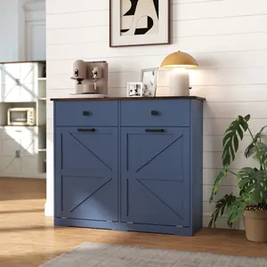 Bellemave Farmhouse Wooden Storage Cabinet - Barn Door Style, 2 Tilt Bins, Hidden Drawers, Waterproof Engineered Wood, Space-Saving Durable Unit for 20 Gal Home Kitchen Trash Bin