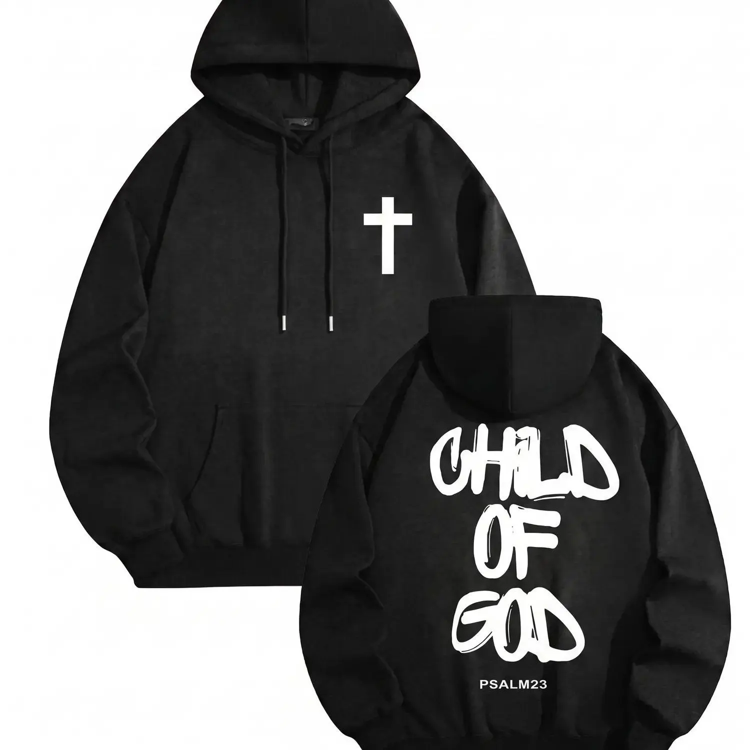 Oversized Hoodie Sweatshirt Small Cross On Front Christian Style Graffiti Print Back Pullover Streetwear Casual Fashion Hooded Top