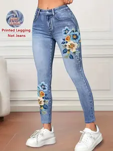Women's Printed Skinny Jeans, Casual Fake Denim Style, Elastic Stretchy Material, All-Season Wear, Versatile Design, Leggings, Bottom
