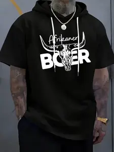 Men’s Black Short Sleeve Hooded T-Shirt, "Afrikaner Boer" Bull Skull Graphic Heritage Pride Top, Soft Breathable Fabric Casual Streetwear Tee for Daily Wear, Cultural Events & Street Style, Ideal for Afrikaner Enthusiasts & Heritage Supporters