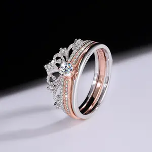 2-in-1 Crown Interlocking Stackable Ring | Sterling Silver with Cubic Zirconia | Rose Gold & Silver Princess Ring for Women