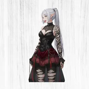 Gothic Frieren Waifu Sticker – Black Corset Outfit, Tattoo Fantasy Girl, Aesthetic Vinyl Decal