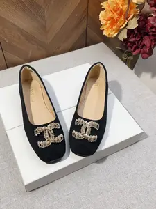 Women's Square Toe Ballet Flats, Classic Velvet with Rhinestone C Buckles, Comfortable Soft Sole, All-Season Dress Shoes