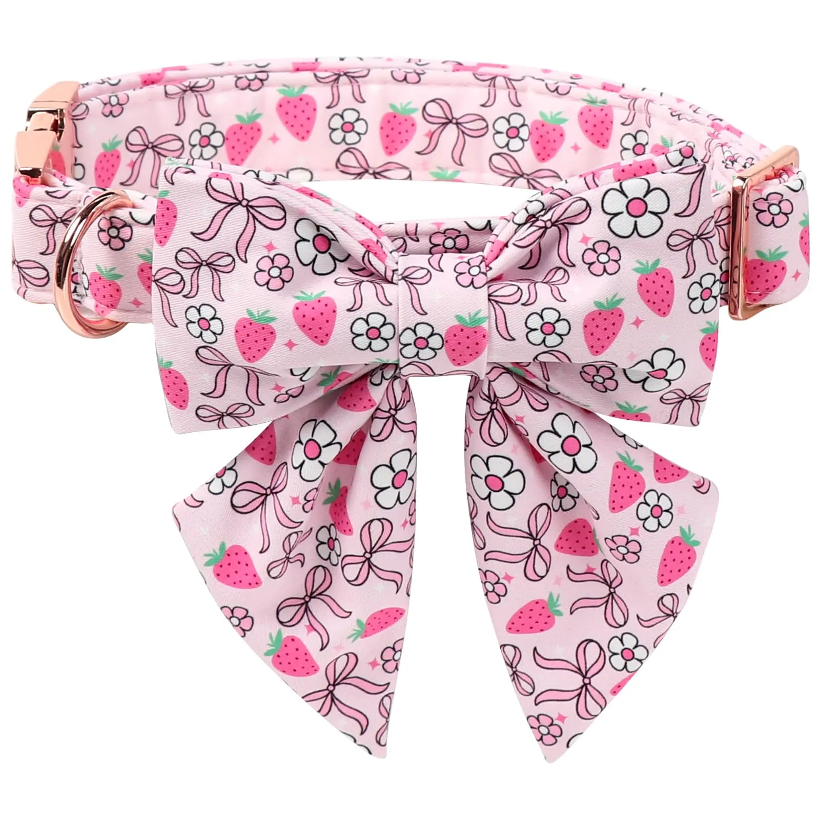Lionet Paws Chew-Resistant Cotton Dog Collar - Strawberry Floral Print, Detachable Sailor Bow Tie, Adjustable XS (8-12 in Neck), Alloy Buckle, Leash Ring, Easy On/Off for Puppies & Family Photos, Support Available