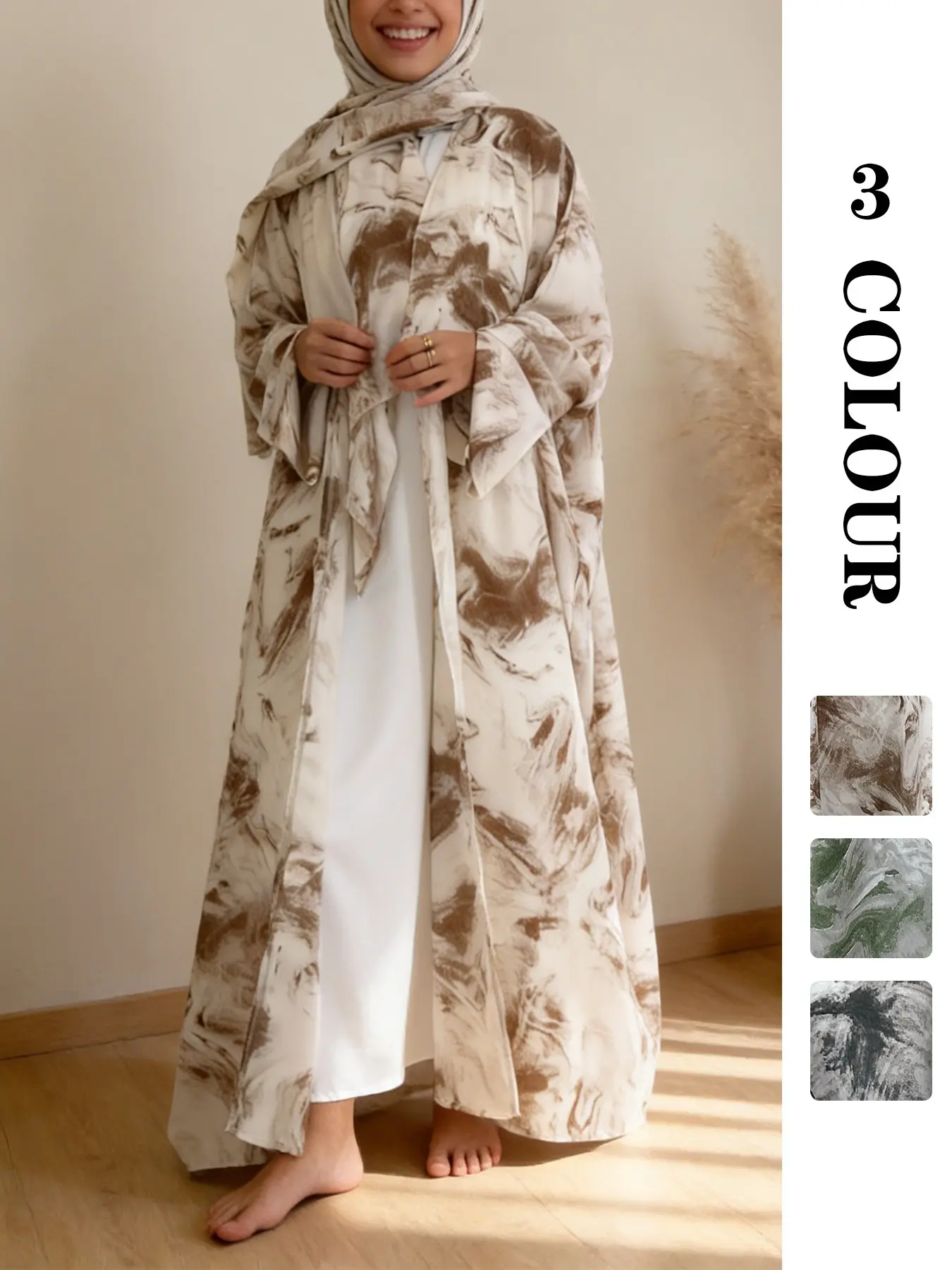 [Includes Hijab] Women's Art Print Batwing Sleeve Long Robe Cardigan Set For Muslim, Islamic Clothing Set, Loose-Fitting Vacation Style with Pockets, Includes Headscarf Gift