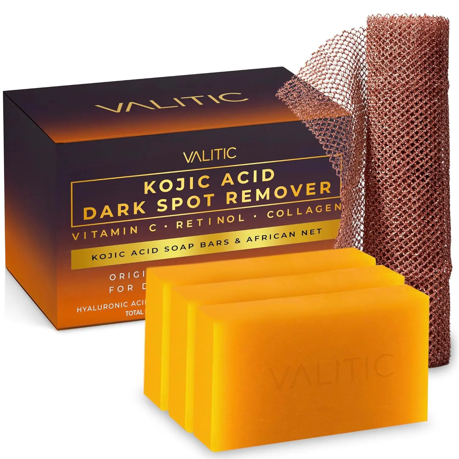 VALITIC Kojic Acid Dark Spot Remover Body Soap with Turmeric, Vitamin C, Retinol - Original Japanese Complex, Hyaluronic Acid, Vitamin E, Shea Butter, Castile Olive Oil - 3-Pack Bundle with African Net, Sensitive Skin, Hydrating, Brightening for Daily Use