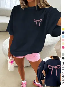 Women's Bow Print Round Neck Tee, Casual Fashion Short Sleeve T-shirt for Summer, Ladies Clothes for Daily Wear, Top