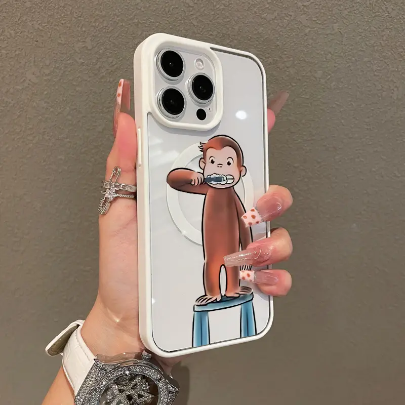 Magnetic Compatible Case for iPhone 17 Pro Max 16 Plus 15 14 13 12 11 XS XR, Curious George Brushing Aesthetic Print | Shockproof, Silicone, Lightweight, Scratch Resistant, and Trendy Protection
