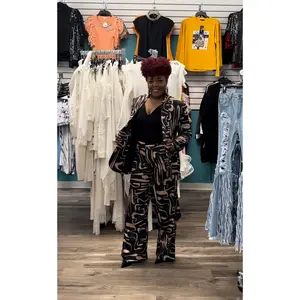 Val Satin 2pc Pant Suit w/Belt - BLACK MOCHA
