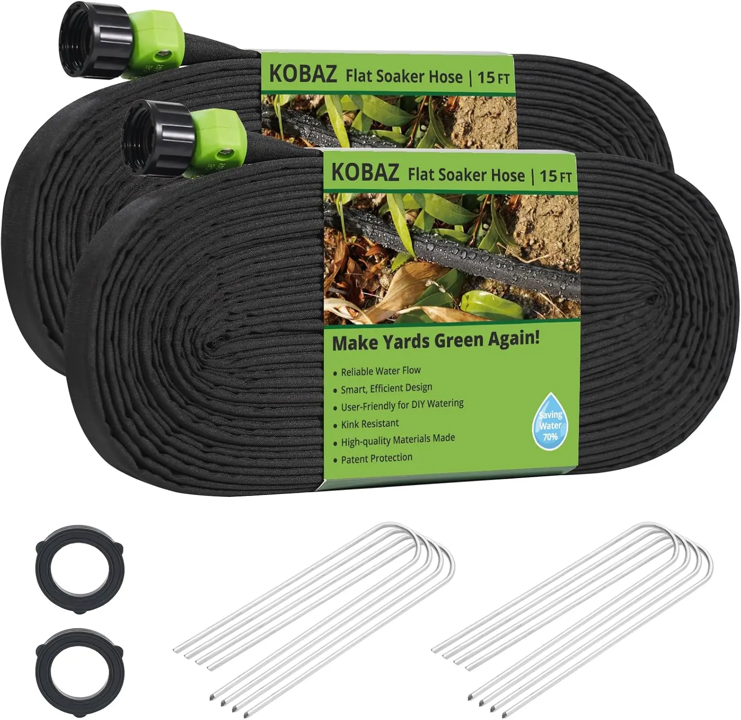 Flat Soaker Hose - 30, 50, 100, 150 FT, 1/2" x 15ft, 2 Pack - Save 70% Water, Ensure Uniform Water Flow, Leakproof Design with Double Layer, Durable and Easy to Use