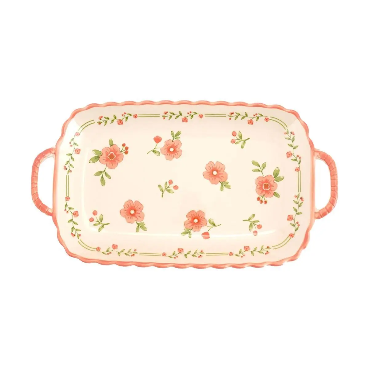 Golden Lion Red Glaze Peach Blossom Rectangular Serving Platter - 30.5cm Large Ceramic Dish for Appetizers, Desserts, and Home Decor