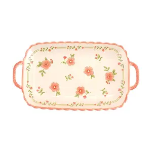 Golden Lion Red Glaze Peach Blossom Rectangular Serving Platter - 30.5cm Large Ceramic Dish for Appetizers, Desserts, and Home Decor