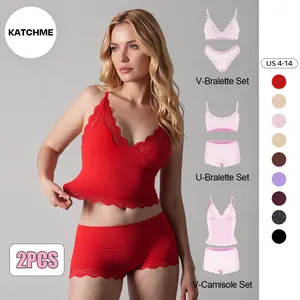 KatchMe Women's Chic Lace Series Spaghetti Strap Lace Trim Wirefree Breathable Bralette & Panties Set, Minimalist Underwear Set, Two Piece Outfits (3)