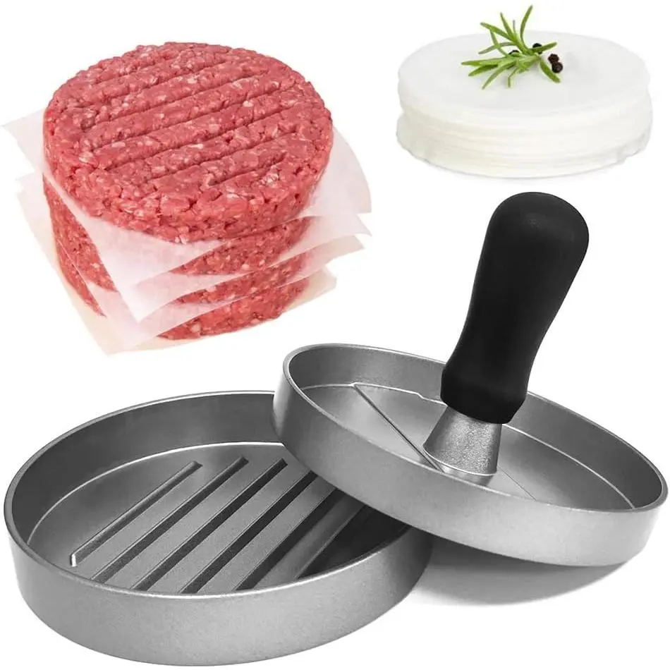 Burger Press Hamburger Press Patty Maker with 100 Patty Papers Aluminum Hamburger Mold Non-Stick, BBQ Grill Accessories Kitchen Tool for Grilling