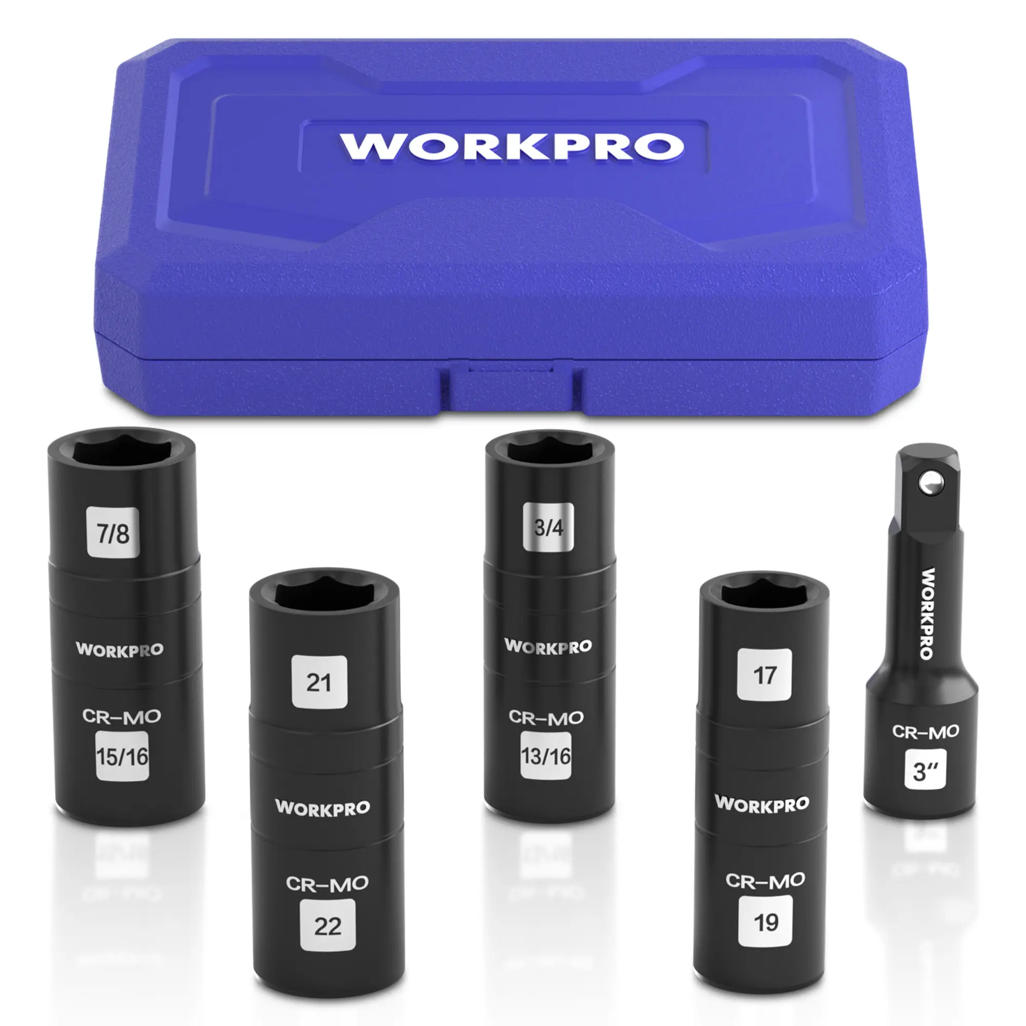 WORKPRO Impact Socket Set 1/2" Drive, Lug Nut Socket Set, Wheel Socket Set Cr-Mo Steel, Includes 1Pack 3" Extension Bar & 4PSC Flip Sockets of 6 Metric and SAE Sizes