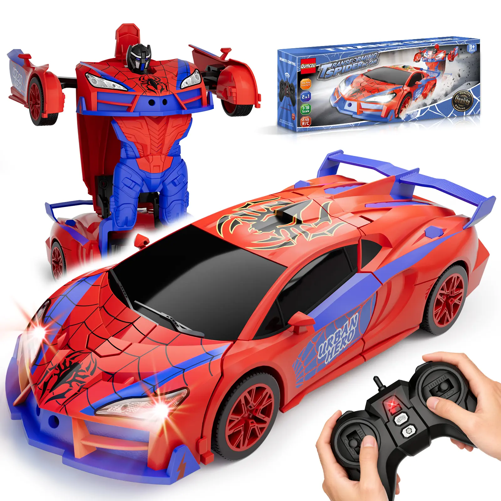 Qumcou 1:16 Scale RC Controlled Stunt Car - 2.4Ghz Remote Control Spider Toy, 1-Button Transform, 360° Spin, Red & Blue Shining Lights, Birthday Gift for Boys 4-8, Rc Stunt Car
