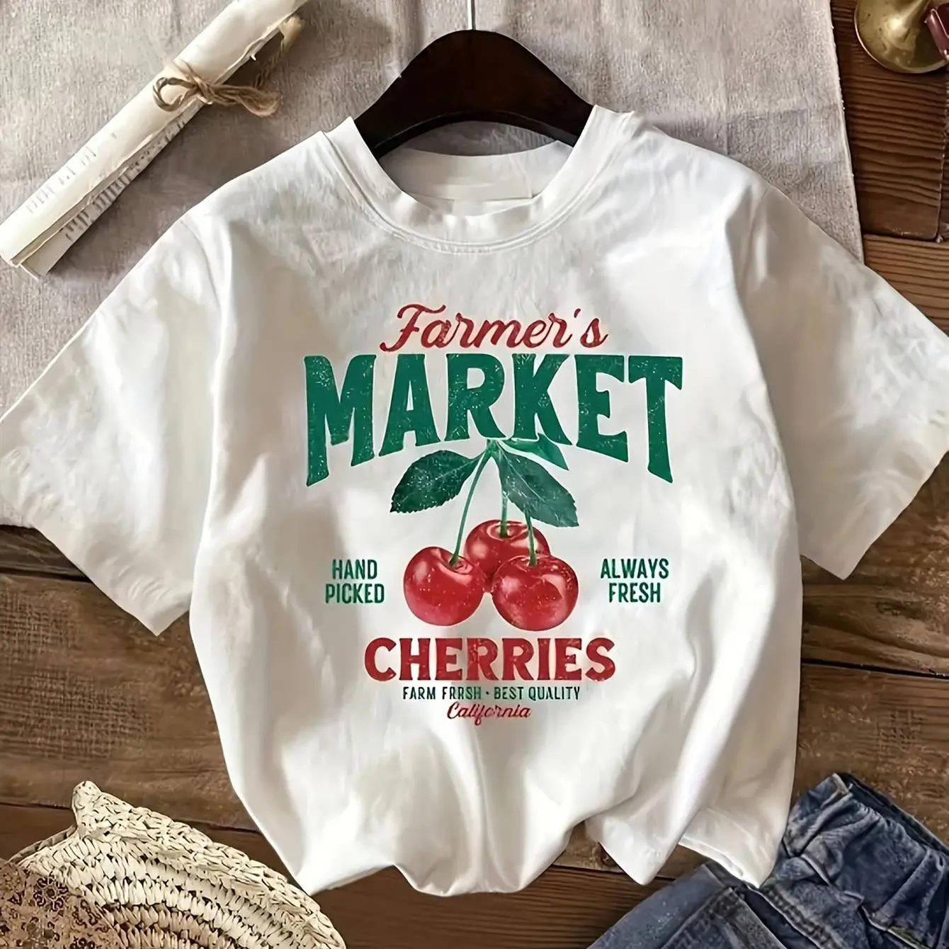 Women's Short-Sleeve Loose Vintage Fruit Graphic T-Shirt - White & Black, Farmer's Market Cherry Retro Streetwear Top, Shortsleeve, Tshirt, Lady