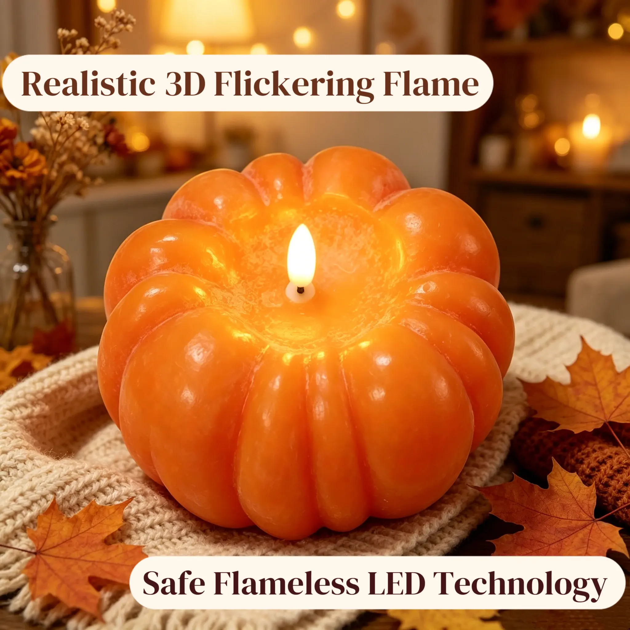 JMTONE Rechargeable Flickering Flameless Wax Pumpkin LED Candle - 5x4.5in, 300-Hour Runtime, Timer, Casual Neutral Flameless Decoration Light, Battery Powered Ornament, Home Decor for Fall Tiered Tray, Halloween Accent