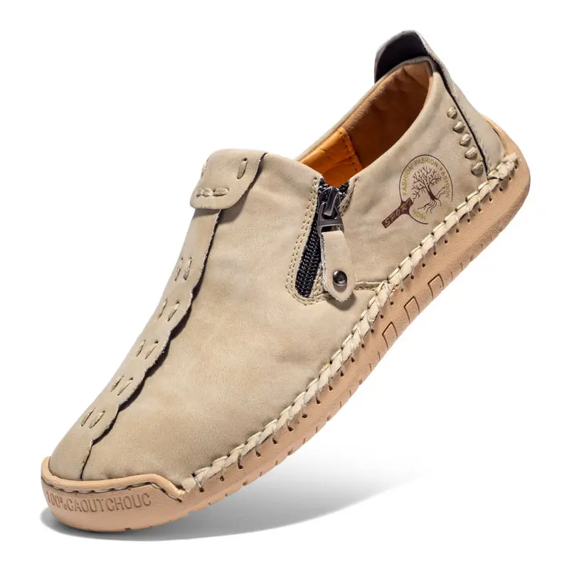 Men's Leather Fashionable Chic Flat Loafers - Side Zipper, Hand-Stitched Details, Non-Slip Sole, Espadrille Shoes for Daily, Office Wear