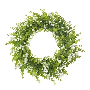 1Pc Baby's Breath Wreath, Decorative Artificial Wreath, Spring Summer Wreaths for Front Door, Artificial Wreath with White Flowers Green Eucalyptus Leaves, Green Foliage Wreath for Wall Window Farmhouse Party Holiday Home Decor