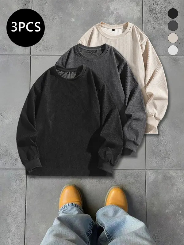 Men’s 3-Pack Autumn Fashion Loose Casual Solid Color Crew Neck Long Sleeve Flannel Sweatshirts