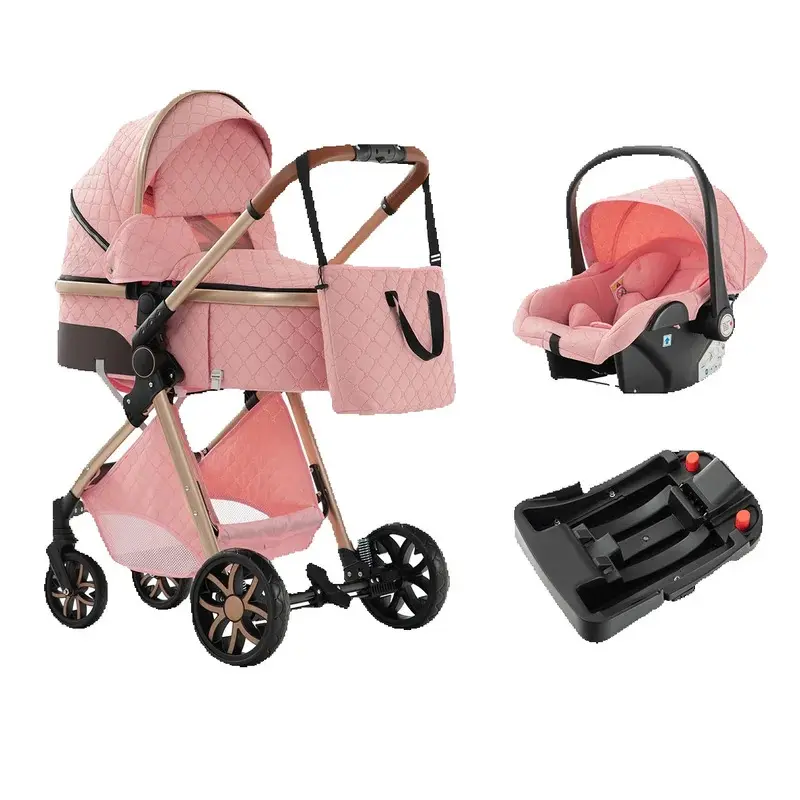 Pink Luxury 3-in-1 Baby Travel System - Convenience, Portable Foldable Slammed Baby Stroller with 1-Click Fold, Shock Absorption, Adjustable Recline Bassinet, Infant Car Seat & Base, Lightweight Foldable Bassinet Stroller for 0-2 Years Old