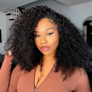 Megeen Hair Half Wig Human Hair Kinky Curly Wig for Women No Glue No Lace 200 Density 3 In 1 Seamless Flip Over Half Wigs Beginner Friendly Glueless Wigs Human Hair Natural Color