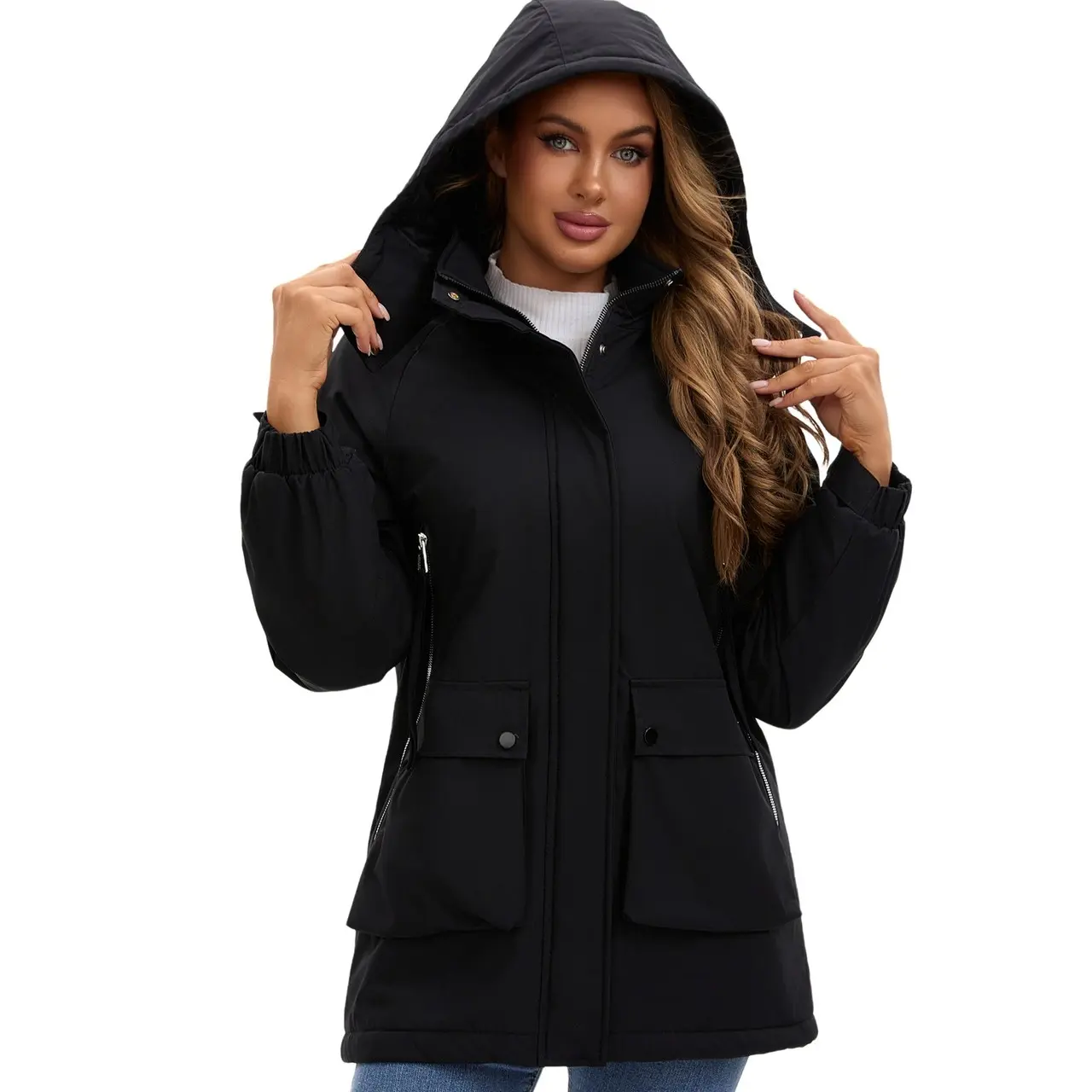 Women's Chic Padded Long Sleeve Parka - Solid Polyester Zip-Front Fitted Outerwear with Removable Hood, Plus Size Weatherproof Coats (Black, Khaki, S-XXL), Solid Zip Front campingessentials