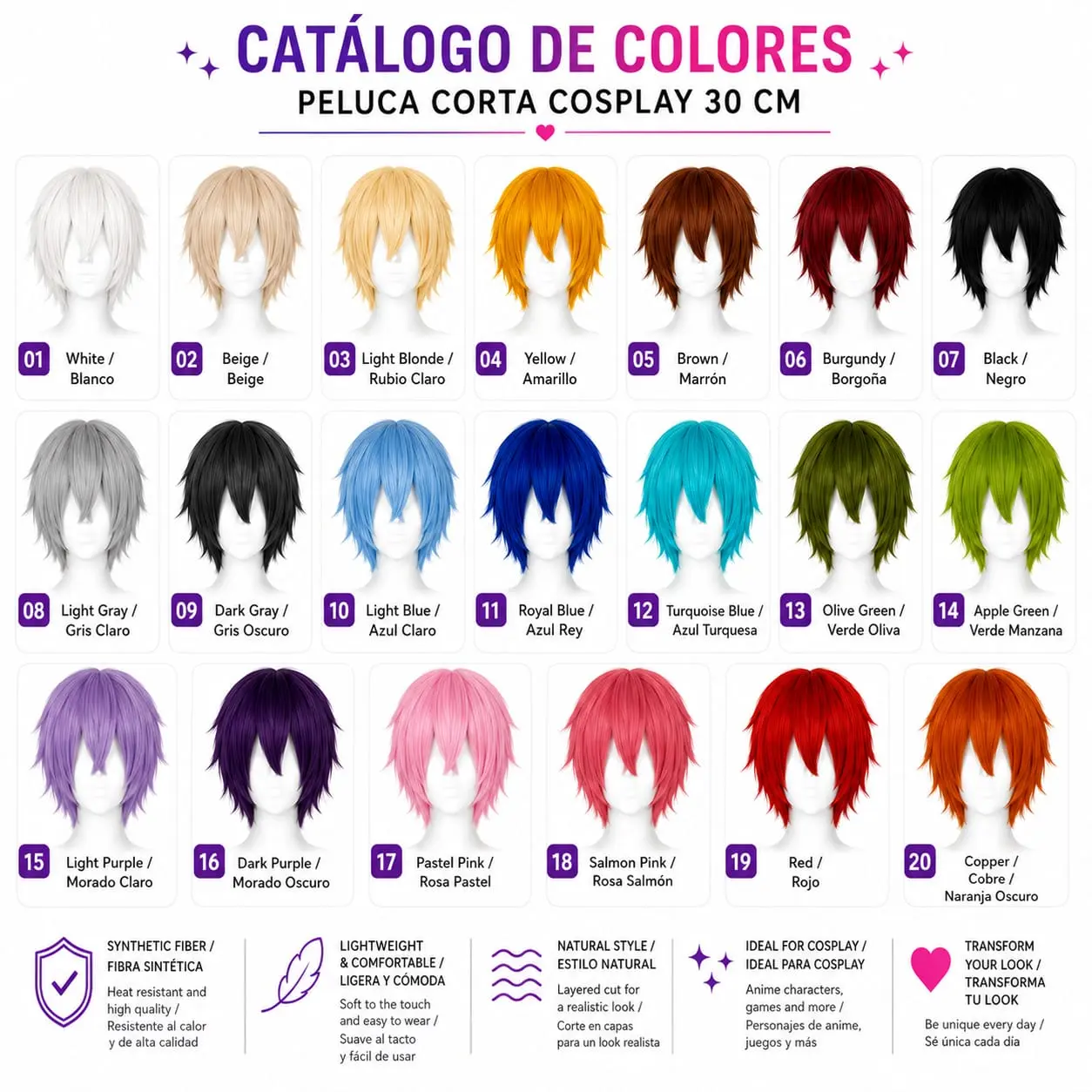 Synthetic Short Cosplay Wig, 30cm Lumigwigs Costume Wig for Cosplay Events
