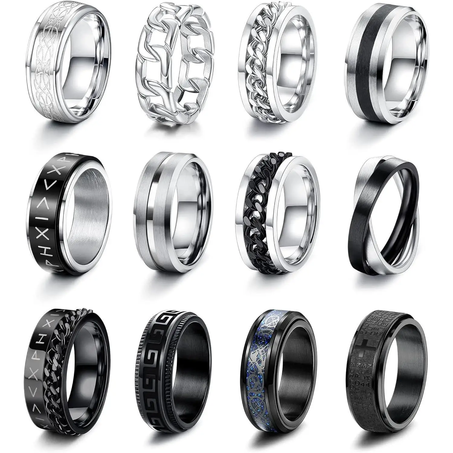 FLORIDECO 12PCS Stainless Steel Band Rings for Men Women Fidget Spinning Chain Ring Fidget Ring Anxiety Relief Ring for Men Fashion Simple Wedding Eng