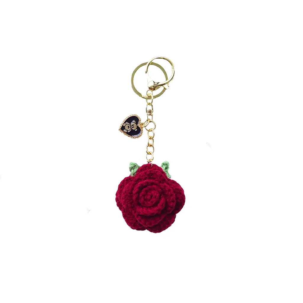 Crochet Rose cute heart  bear  Keychain, Floral Pattern Keychain, 1 Count/2 Counts Handmade Crochet Flower Keychain, Party Gift for Women & Girls, Wedding Party Gift, Graduation Gift（burgundy）, Cute Keychains