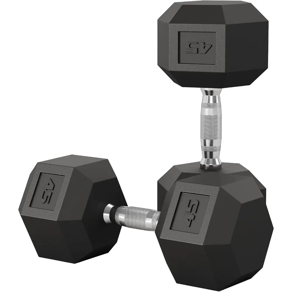 45 LB Hex Dumbbell Set of 2, Rubber-Encased Cast Iron with Textured Slip-Proof Steel Grip, Solid Core Anti-Roll for Full Body Functional Training, Glutes, Arm & Chest Workouts, At-Home Gym Equipment, Glutes Workout Equipment, Muscle Exercise Equipment