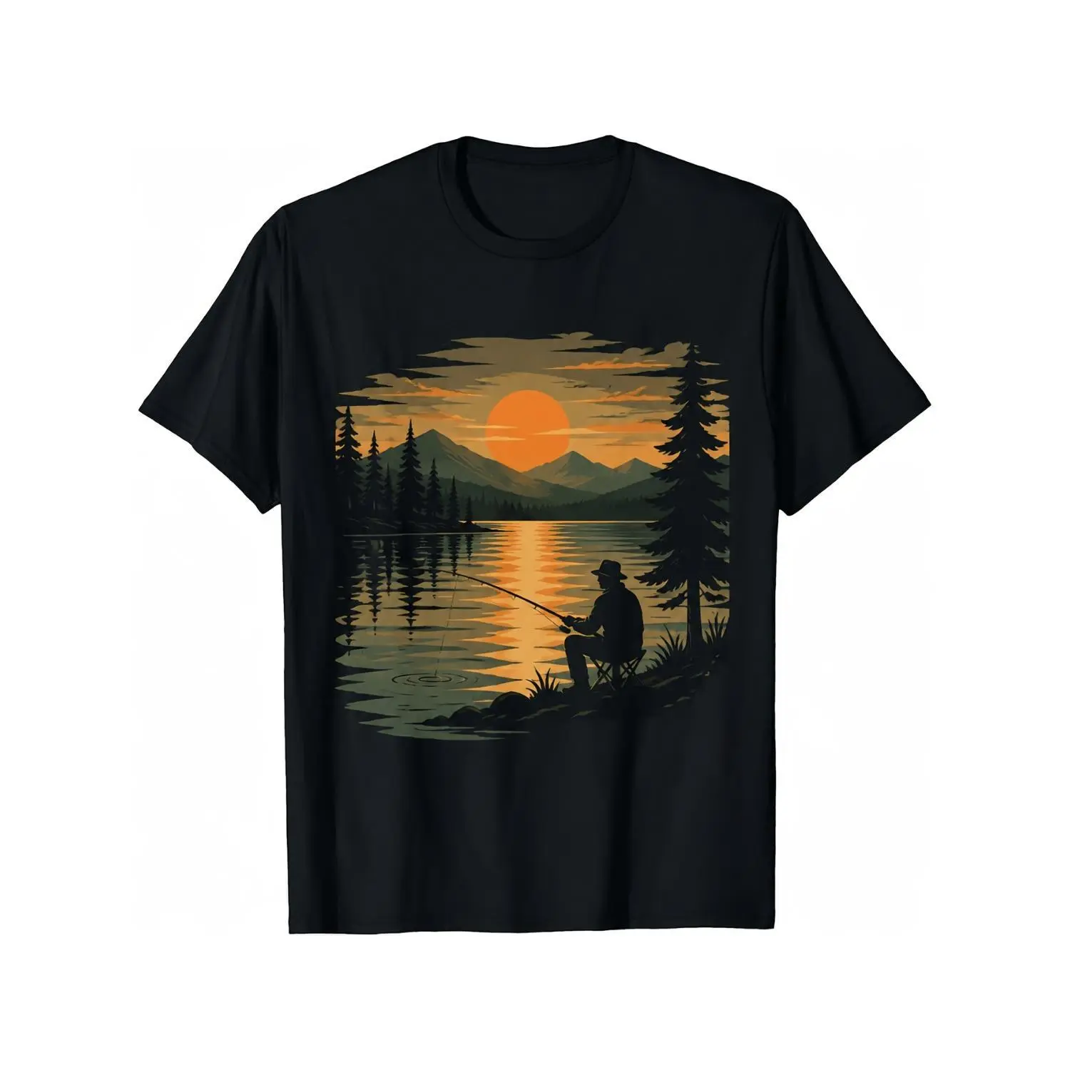Mens Vintage Lakeside Fishing Graphic Cotton T-shirt Retro Sunset Pine Mountain Fisherman Silhouette Lake Water Reflection Landscape Tee Round Neck Machine Washable Casual Outdoor Wear Perfect for Fishing Trips and Daily Use Unique Gift for Anglers