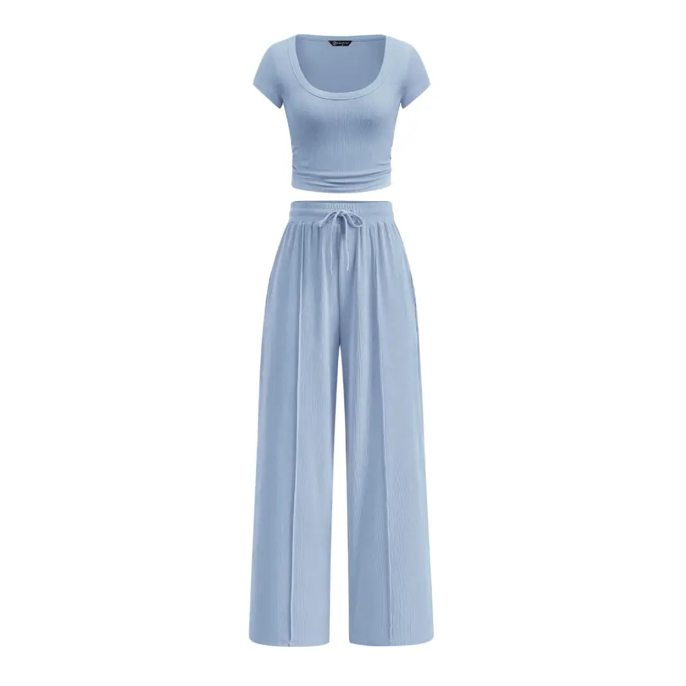 PrettyGarden Women's  Scoop Neck 2 Piece Matching Lounge Sets Ribbed Short Sleeve Crop Tops Wide Leg Pants Summer Airport Outfits