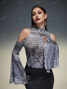 Rgothic Plus Size Newspaper Letters Print Mesh Cold Shoulder Flare Sleeves Cropped T-shirt for Women's Clothes Ruffle Neckline Gothic Top