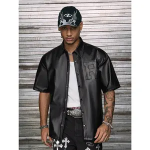 Men's Summer Street Fashion Plain Loose PU Leather Short Sleeve Shirt With Letter Print And Drop Shoulder Design