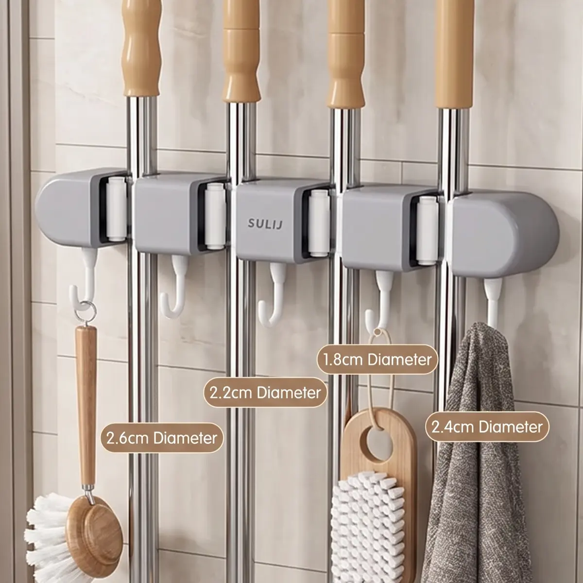 Broom Holder Wall Mount Mop Hanger Tools organizer 4Racks 5Hooks | 1PC Adjustable Mop Broom Wall Hanging Heavy duty Tools Storage Rack Space-saving for Garage,Kitchen,Laundry Room,Garden,grey