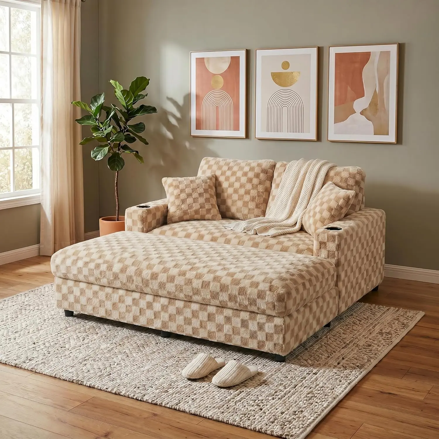 60-inch Oversized Chaise Lounge Chair Indoor, Comfy Checkered Lounge Sofa with Cup Holders, USB Charger & 2 Pillows, Cozy Sleeper Couch for Bedroom Reading Chair Living Room Apartments