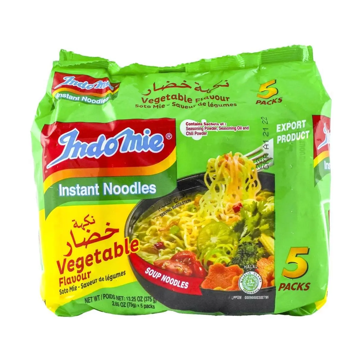 Indomie Mi Goreng Instant Noodles - Savory Vegetable Flavor, 5x 75g Multi-Pack, Halal Certified