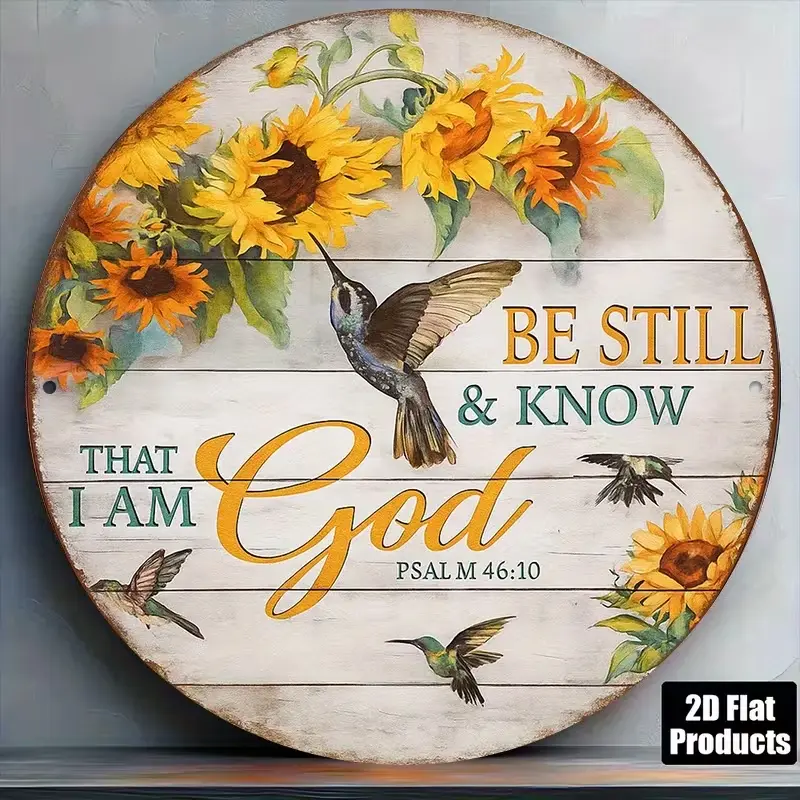 Round Metal Tin Sign Be Still & Know That I Am God Psalm 46:10 Sunflower Hummingbird Vintage Farmhouse Wall Decor, Christian Bible Verse Scripture Wall Art Religious Faith Home Decor Gift
