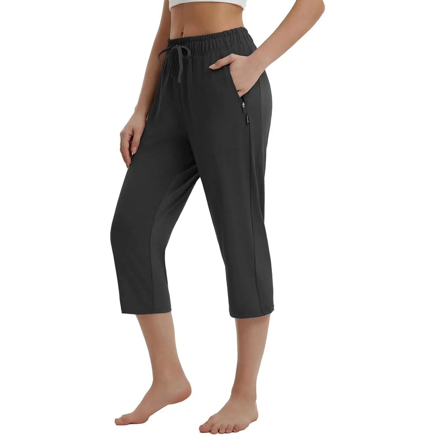 Baleaf Women's 19" Breathable Athleisure Bottoms, Lightweight Elastic Drawstring Crop Joggers with Zipper Pockets, Summer Sports Activewear for Workout, Lounge, Elastic Drawstring Joggers